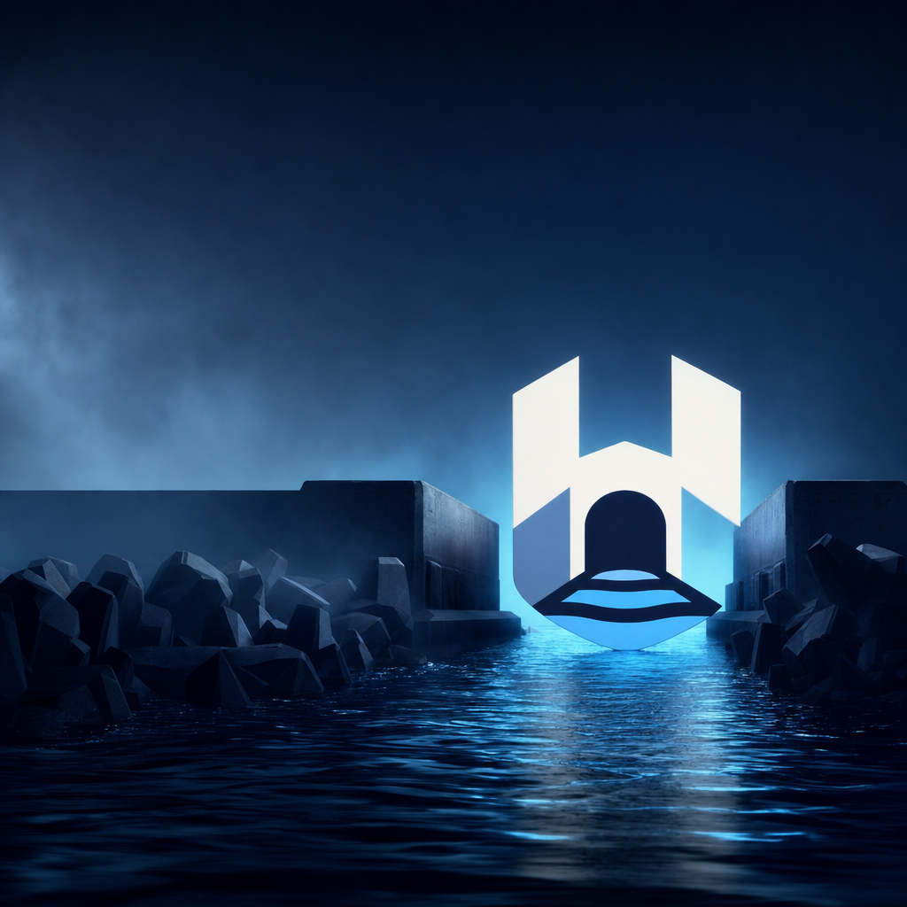The Harbor gate glowing at the mouth of a foggy night harbor between concrete breakwaters